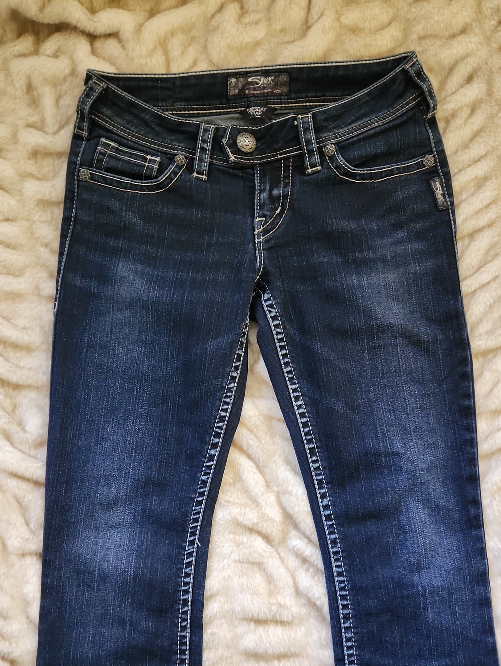 Low-rise Silver Tuesday Flap Boot Cut Jeans with Contrast Stitching